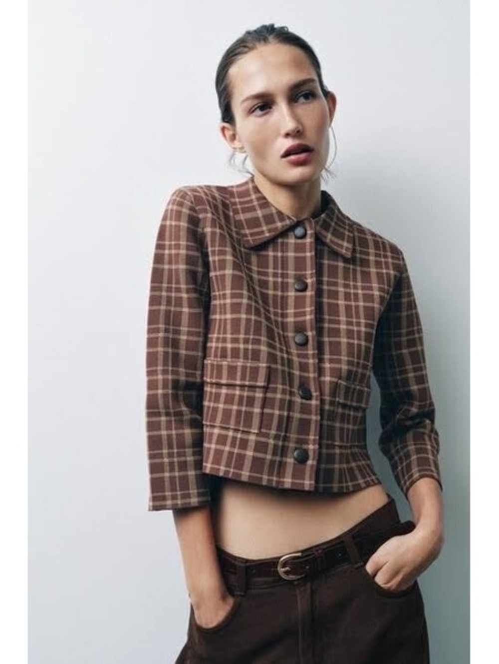Zara Check Cardigan Brown Plaid M